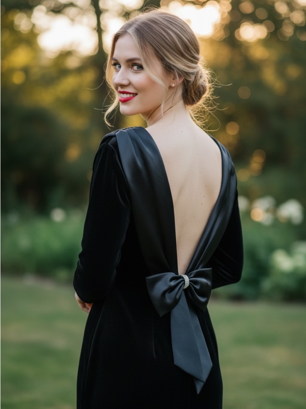 Vintage 80s velvet satin with a bow and bling event dress size medium